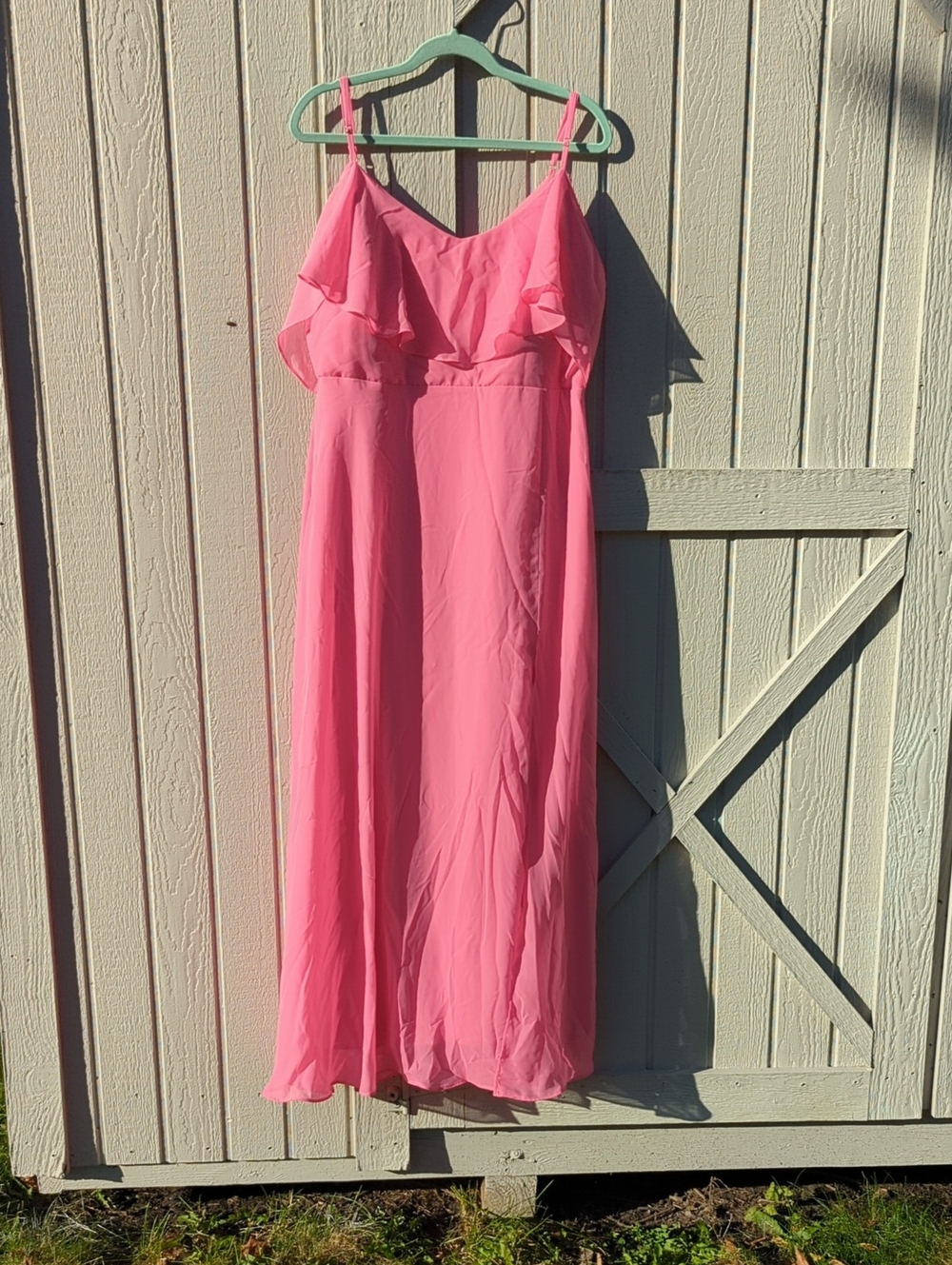 Birdy Grey Bonbon Pink Ruffle Shoulder Bridesmaid Maxi Dress